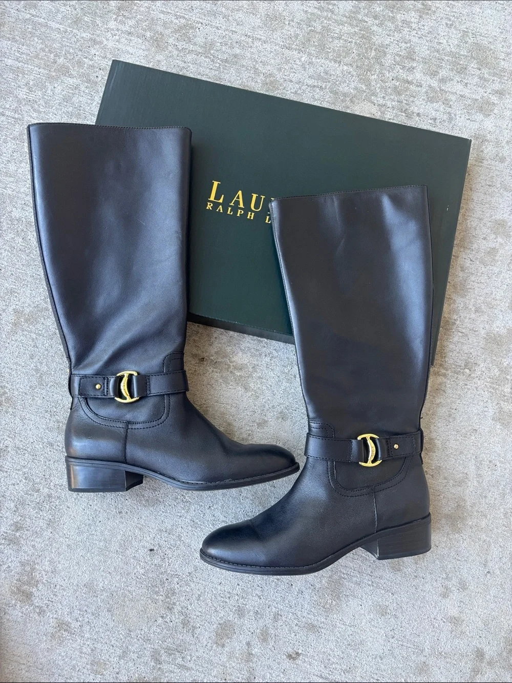 Ralph Lauren Micah Black Leather Knee-High Boots with Gold Buckle